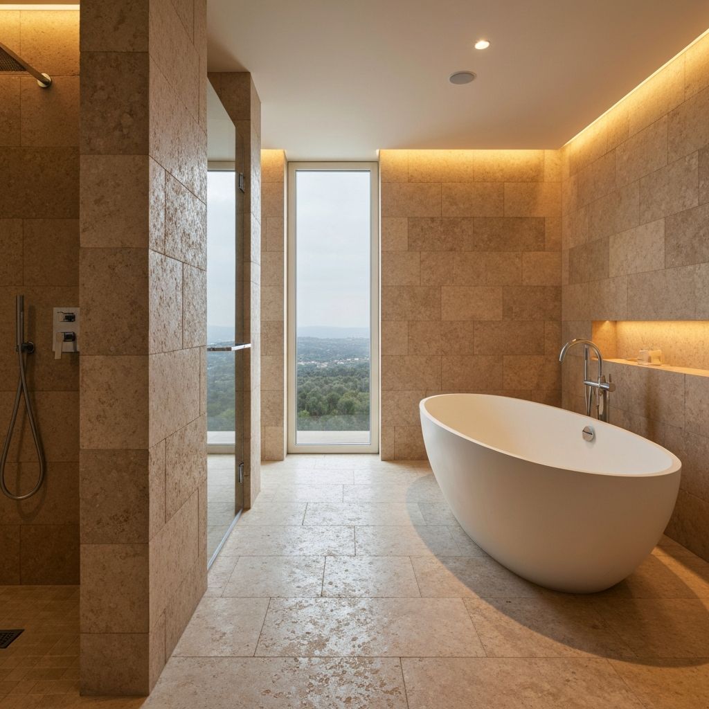 Suite bagno di lusso con vasca freestanding e rivestimenti in pietra — Attico Bardolino